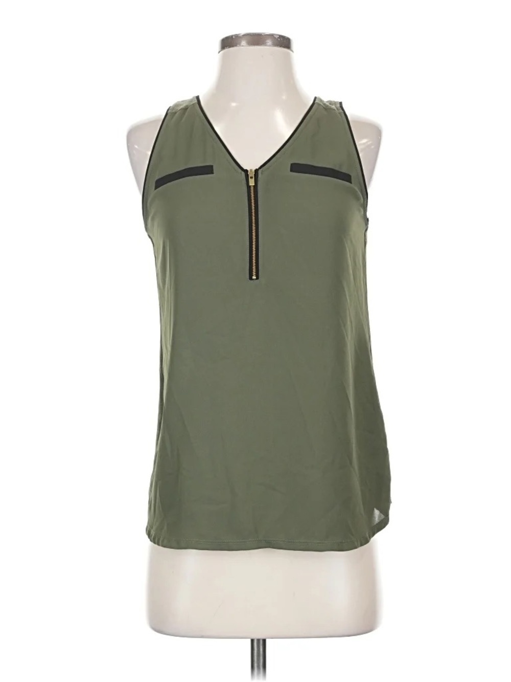 Express Piped Hudson Zipper V Neck Tank Top Blouse - Olive Green